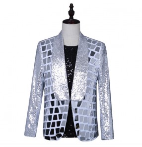 Men's rock band punk silver white sequins suit jacket sequins trendy men's suit dress blazers singer host night club bar performance jackets