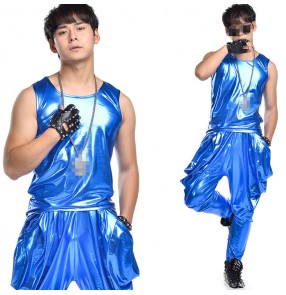 Men's royal blue glitter hiphop jazz street dance tops and harem pants gogo dancers singers stage performane vest and long pants