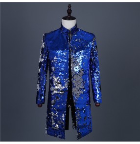 Men's royal blue gold sequin jazz dance long coats host singers magician musical band drummer stage performance long jackets 