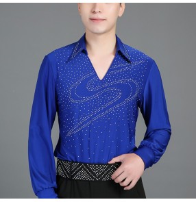 Men's royal blue rhinestones competition latin ballroom dance shirts tango waltz salsa chacha dance top shirt