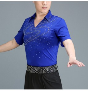 Men's royal blue rhinestones latin dance shirts ballroom dancing tops stage performance salsa rumba chacha dance tops 