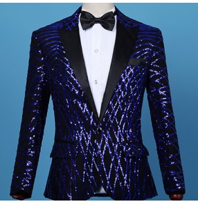 Men's royal blue sequin jazz dance blazers stage performance host singers dancers night club bar perform coats blazer