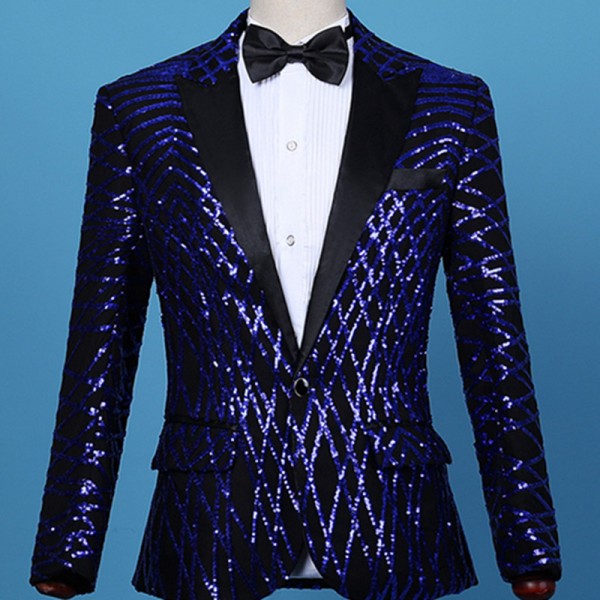 Men's royal blue sequin jazz dance blazers stage performance host ...