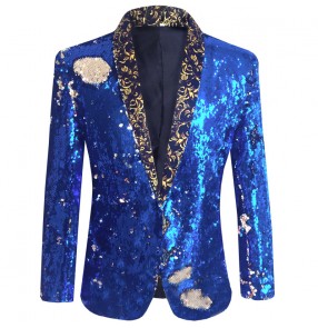 Men's royal blue sequin jazz dance singers host performance blazers coats night club bar dance jacket