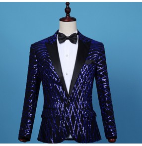 Men's royal blue sequins fashion jazz singers chorus choir stage performance blazers host groomsman night club dance coats for male