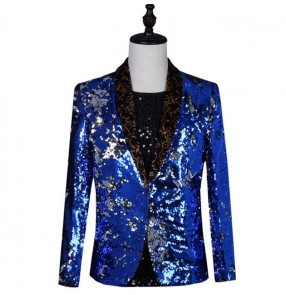 Men's royal blue sequins jazz dance coats night club bar magician host singers stage performance coats 