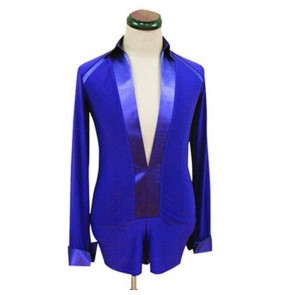 Men's royal blue v neck competition ballroom latin dance body shirt stage performance waltz tango chacha dance tops for male