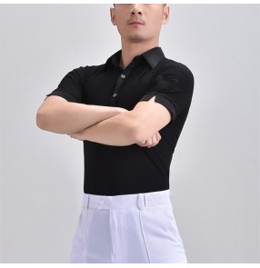 Men's royal blue wine red short sleeves latin dance shirts ballroom dancing tops stage performance competition waltz tango dance tops for male
