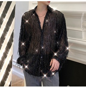 Men's sequins modern jazz hip hop dance tassels shirts singer host gogo dancers night club stage performance see though sexy shirts for male