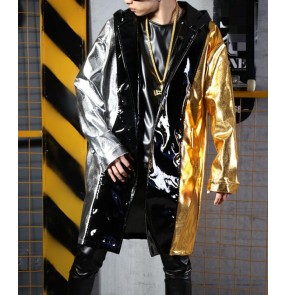 Men's Silver and gold patchwork jazz dance rap dance long coat hiphop gogo dancers singer stage performance long cloak for male