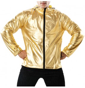 Men's silver gold black patent leather glitter jazz hiphop dance jackets night club bar stage performance hoodies coat