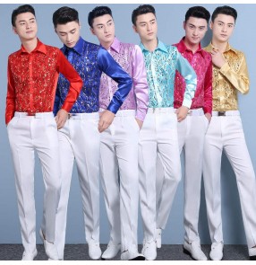 Men's silver gold red pink blue purple sequined jazz dance shirts singers host Long Sleeve Performance Shirt  concert Dance Performance Costume Stage Fashion Sequin Shirt