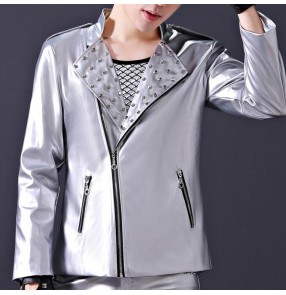 Men's silver jazz dance jackets singer host gogo dancers drummer stage performance night club dj dancing motorcycle short rivet coats