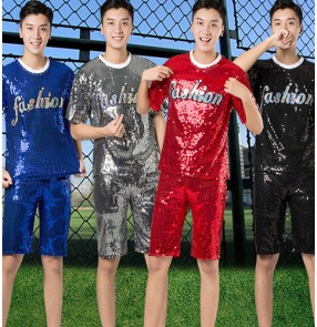 Men's silver sequin jazz hiphop dance costumes cheer leaders night club pole cheer leders performing tops and shorts