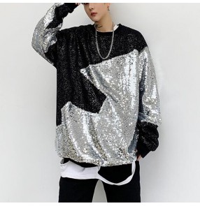 Men's silver with black sequin patchwork jazz dance tops male model show tops singers hiphop gogo dancers stage performance t shirts