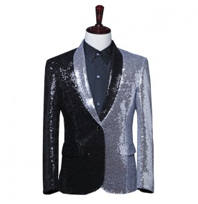 Men's silver with black sequins jazz dance blazers singers host blazers performance blazers drummer model show performing coat