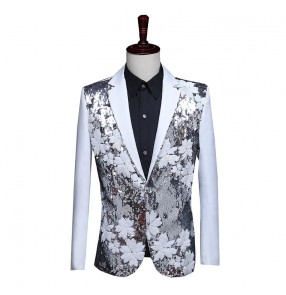 Men's singer host performance blazers suit flower sequined black and white groomsman dress jacket singer stage nightclub piano performance suit