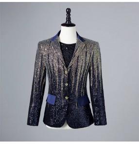 Men's singers Blue gradient sequined jazz dance suit catwalk blazers for male bridegroom photos shooting coats nightclub bar singer model performance dress suit