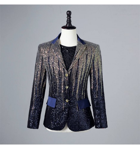 Men's singers Blue gradient sequined jazz dance suit catwalk blazers ...