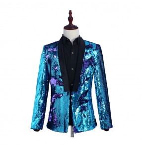 Men's singers dancing blazers green blue gold sequin paillette modern dance jazz magician stage performance host dancing coats jacket