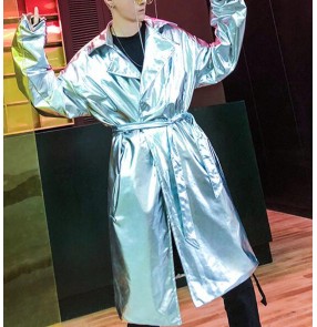 men's singers gogo dancers hip hop dance long coats Concert jacket nightclub DS magician stage show pu leather reflective overcoat for men and women