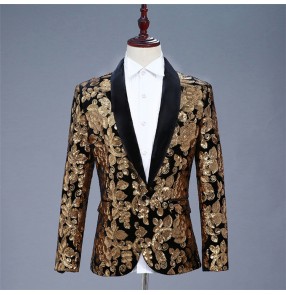 Men's singers host jazz dance blazers flroal paillette male modern dance performance flroal jacket blazers coats