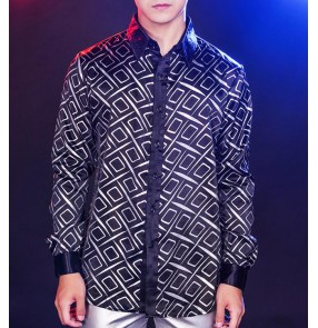 Men's singers host stage performance printed shirts male geometry printed fashion night club show cosplay tops shirt