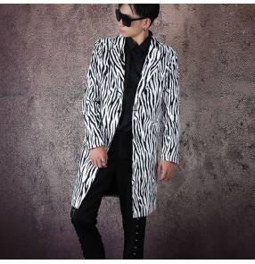 Men's Singers jazz dance  gogo dancers Zebra pattern suit men's casual blazers mid-length suit nightclub trendy male hairdresser jacket