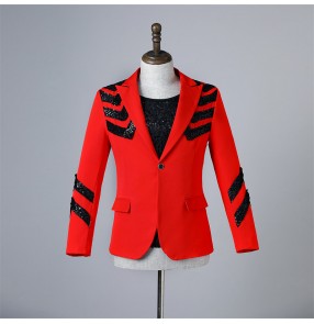 Men's singers red with black sequined jazz dance blazers host bar mode show gogo dancers youth stage performance coats for male bridegoom photos shooting jackets 