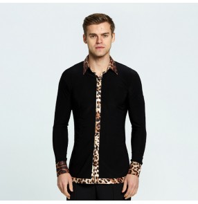 Men's stage performance competition latin shirts male leopard printed ribbon ballroom tango waltz dancing tops 