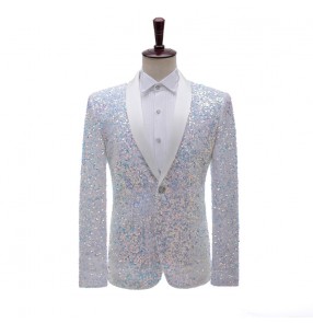 Men's stage performance white sequined dress suit blazers flashing bar nightclub stage performance suit host singer color jacket