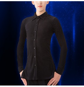 Men's striped velvet blue black competition latin ballroom dance shirts stage performance modern dance tops 