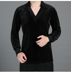 Men's striped velvet latin ballroom dance shirts male tango waltz jive chacha dance tops shirts