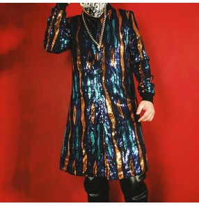 Men's trendy jazz dance sequin long coat glitter night club magician singers host barber model performance long tops coats
