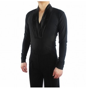 Men's v neck black latin dance body shirts ballroom waltz tango dance body shirts salsa rumba chacha dance tops shirts