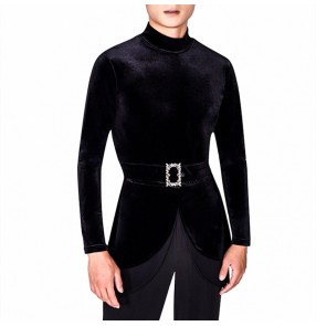 Men's velvet black latin dance shirts ballroom dance tops long sleeves stage performance ballroom tango waltz dance shirts