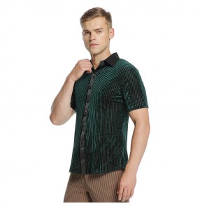 Men's velvet striped latin shirts dark green competition stage performance professional ballroom waltz tango tops shirts