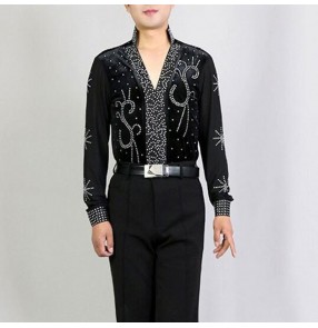 Men's velvet with stones competition ballroom latin dance shirts jive chacha rumba salsa dance body shirts tops 