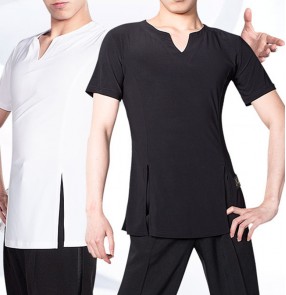 Men's white black short sleeves latin dance shirts practice exercises stag performance ballroom tango waltz dance tops 