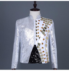 Men's white with silver lens sequins jazz dance jackets host singers stage performance jacket punk rock performing short jackets