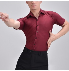 Men's Wine color striped ballroom latin dance shirts stage performance modern ballroom waltz tango flamenco dance tops for male