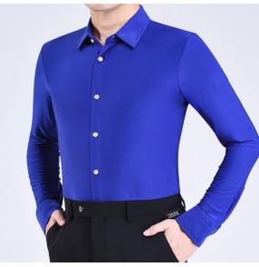 Men's wine royal blue color Latin ballroom dance shirts black silver ballroom tops practice clothes modern dance long and short sleeves shirts for man