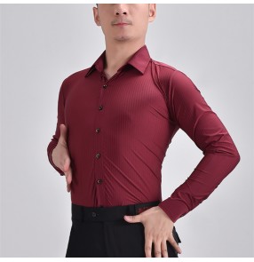 Men's wine striped latin dance shirts ballroom dance tops male competition stage performacne waltz tango dance tops 