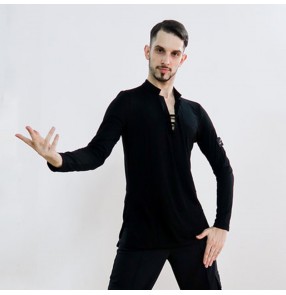 Men's youth black grey latin dance shirts stage performance jive chacha ballroom dance tops shirts