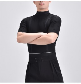 Men's youth black latin dance shirts short sleeves waltz tango flamenco chacha jive ballroom dance shirts modern dance tops for male