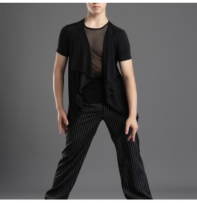 Men's youth black short sleeves latin ballroom dancing shirts juvenile stage performance salsa waltz tango ballroom latin performance tops for man