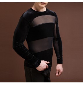Men's youth black velvet with mesh latin ballroom dance shirts modern dance waltz tango flamenco dance shirts for male