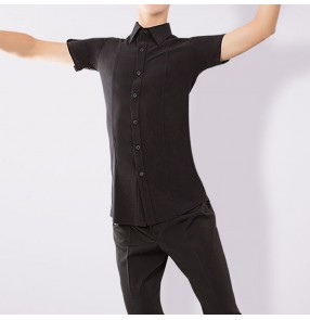 Men's youth black white short sleeves latin dance shirts ballroom waltz tango dance shirts tops