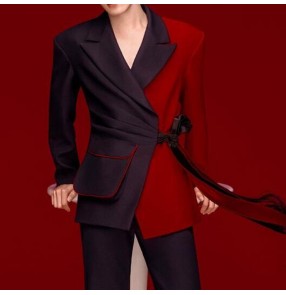 Men's youth black with red singers jazz dance blazers model show photo shooting party dress suit for male gogo dancers coats with fringe sashes