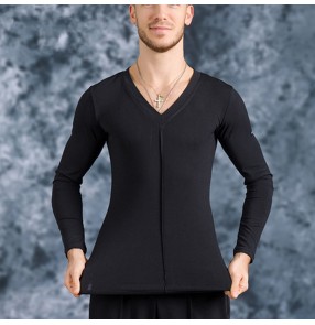 Men's youth boy latin ballroom shirts v neck long sleeves black latin dance shirts stage performance fitness waltz tango dance tops shirts